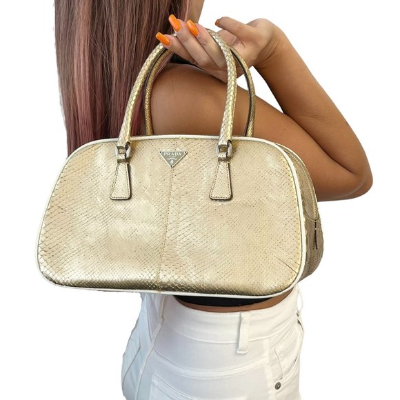 PRADA Vintage Logo Mini Top Handle Bag Metallic Gold Silver Leather Zip [102427] - Picture 1 of 13